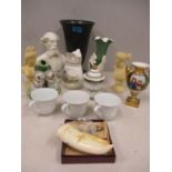 A mixed lot to include a bone cheroot, three busts and a black Wedgwood vase