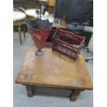 A mixed lot to include a rustic square topped table, magazine rack and a stick stand in the form