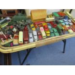 Vintage diecast toy vehicles to include Corgi buses and a Hillman Minx, farm vehicles and an Esso