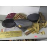 Military related items to include RAF caps and others, a spade and other items