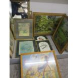 A quantity of oil paintings and prints and mirrors to include those signed B A Crook, a triptych