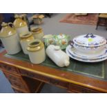 A group of early stoneware pots, together with a Sylvan Phoenix teapot, stand and hot water jug