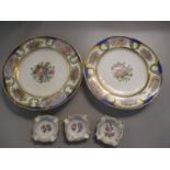 Two 19th century German painted porcelain and three Dresden dishes