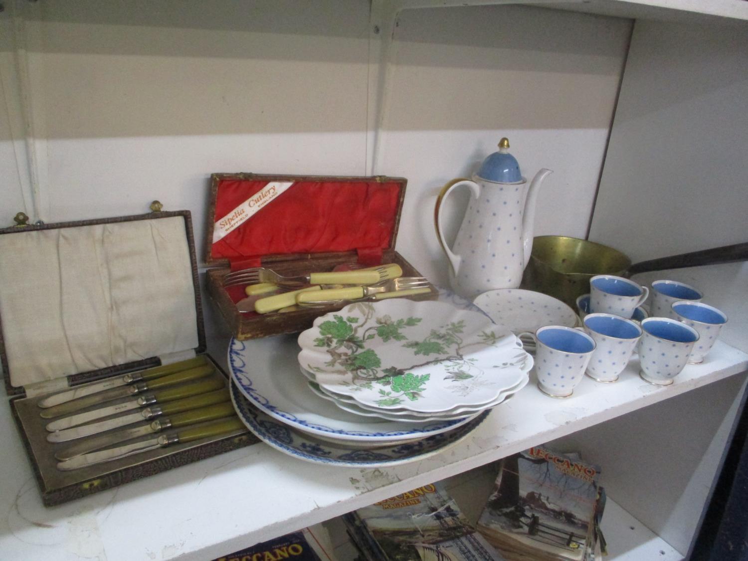 Ceramics and metalware to include a Susie Cooper coffee set, a brass saucepan, plates and cutlery