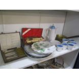 Ceramics and metalware to include a Susie Cooper coffee set, a brass saucepan, plates and cutlery