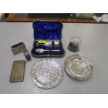 A quantity of silver to include a Little Boy Blue engraved dish, a silver sewing/pin holder, a cased