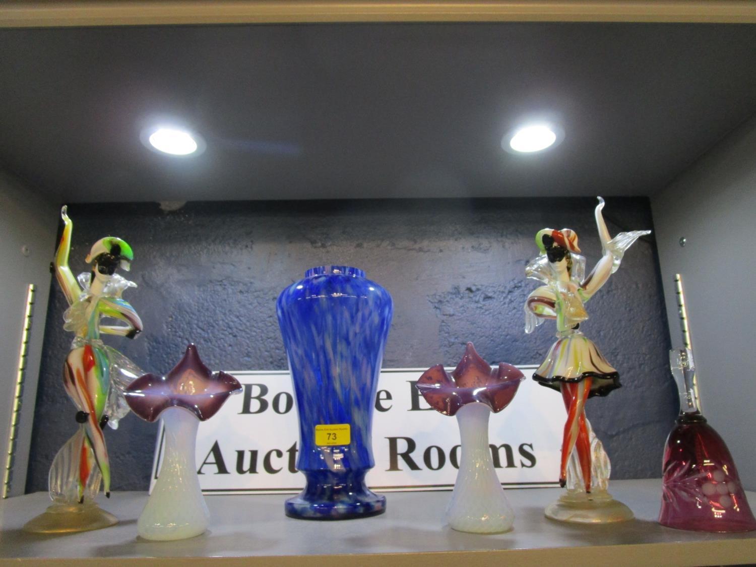 A pair of Italian Commedia dell' Arte glass figures in the style of Franco Toffolo, and a pair of