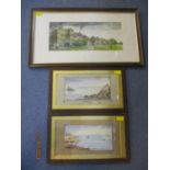 Three watercolours includes two coastal views by Margaret Leighton and Bellerby village view