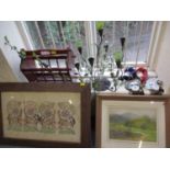 A mixed lot comprising a contemporary table centrepiece, wall face plaques and mixed pictures,