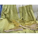 Two pairs of gold coloured and damask style curtains measuring 52" drop x 19" wide each panel, lined