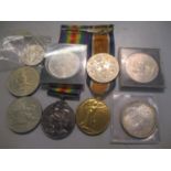 Coins and medals to include two Great War medals stamped 16386 Pte W Parkinson Suff R, an American