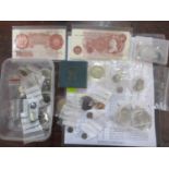A collection of coins, gaming tokens, Roman coins, two sheets of the Deaths of the Roman Rulers, and