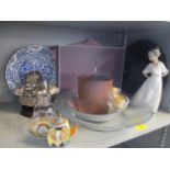 A mixed lot to include Christofle silver plate, Nao figure, place mats in an Asprey box and other