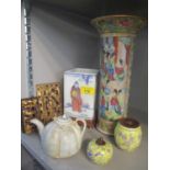 Mixed Oriental items to include a 19th century Cantonese vase 11"h A/F