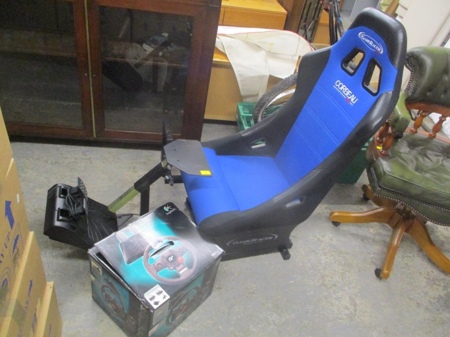 A Corbeau Gameracer Elite gaming chair and boxed Logitech Driving Force GT Steering wheel and pedals