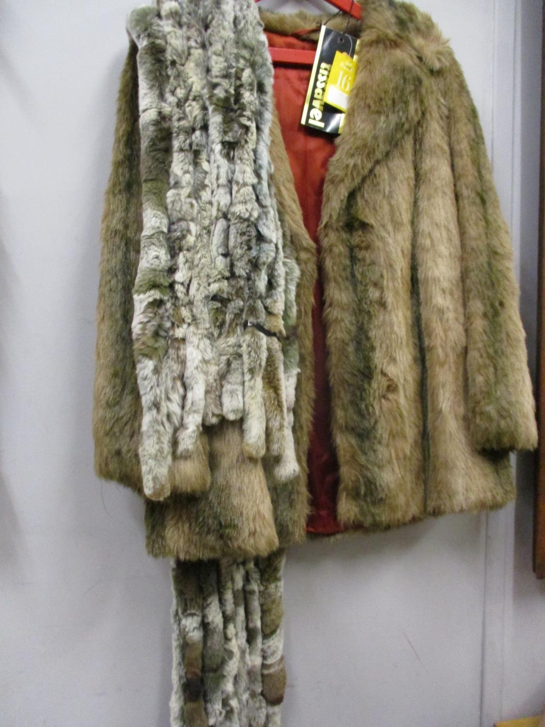 A French Tissavel faux fur jacket together with a multi tail fur scarf and a quantity of faux fur