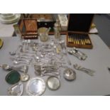 A selection of silver plated cutlery and other items to include an oak cased set of Victorian knives