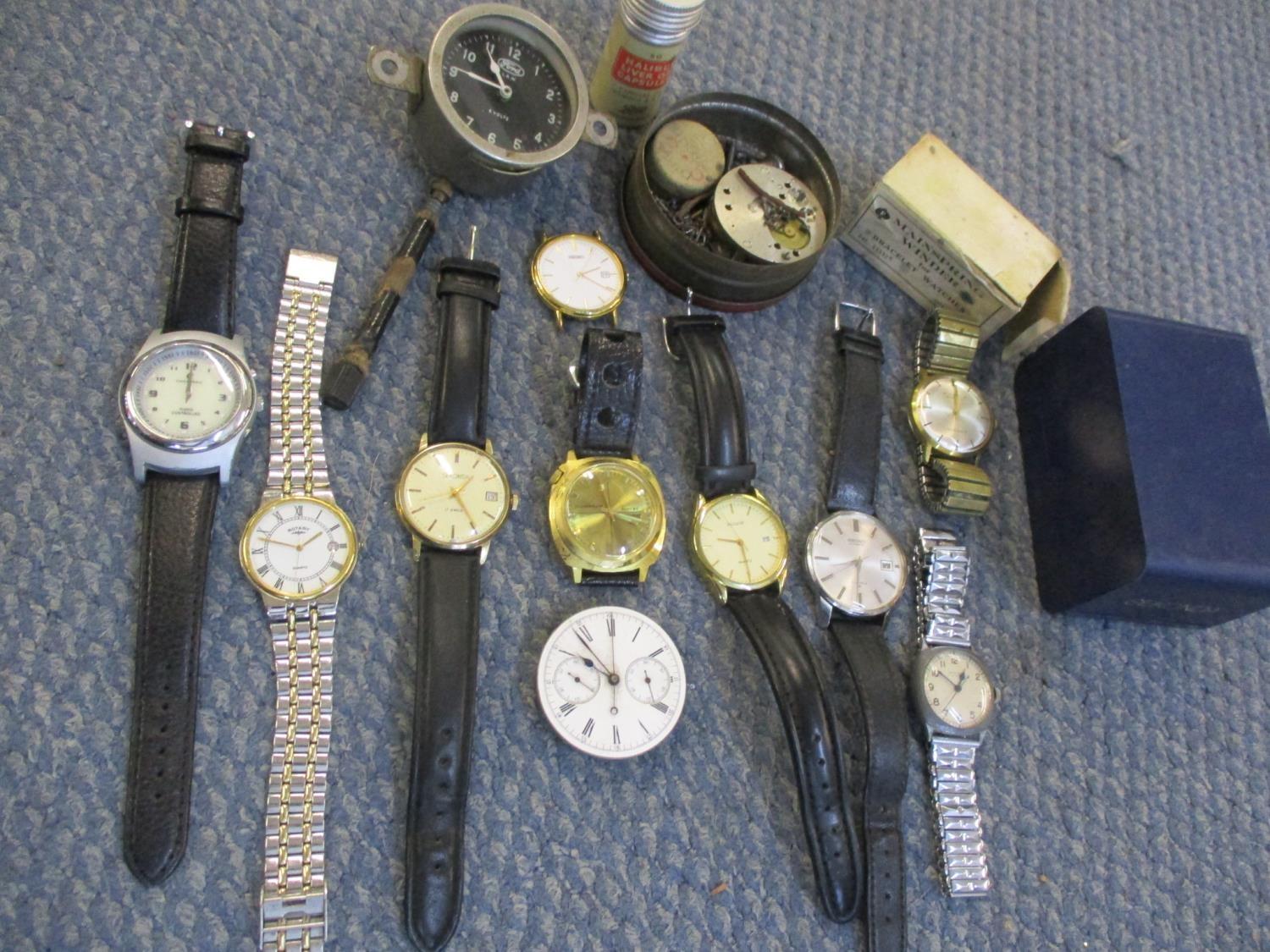 Wristwatches to include a Sekonda, Seiko, and watch parts, and a Ford 6-volts clock, and a small