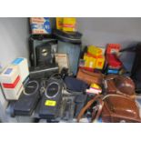 Vintage cameras film and a pair of vintage Eagle Products walkie talkies, ephemera and other items