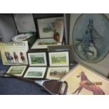 Horse racing related items to include three Spode St Leger plates, prints, hunting scenes,