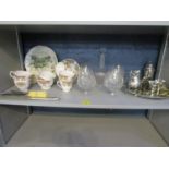 A mixed lot of silver plate, glass and ceramics to include a set of six cut glass brandy glasses