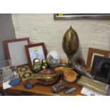 Mixed treen and items of interest to include a modern painted Ostrich egg and a piece of the