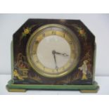 A 1930s Japanned 8 day mantle clock decorated with figures and birds having gilt highlights. The