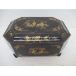 A late 19th century Chinese black lacquered and gilt box of rectangular form with canted sides