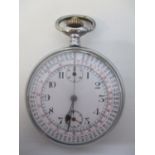 An early 20th century, chrome plated, open faced, keyless wound stop watch. The white enamel dial