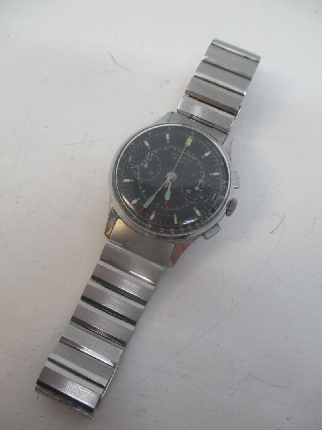 A Sekonda USSR gents stainless steel, manual wind chronograph wristwatch. The black dial inscribed - Image 3 of 10