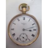 An early 20th century Waltham 9ct gold, open face, keyless wound pocket watch. The white enamel dial