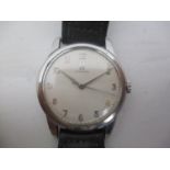 An Omega gents stainless steel, manual wind wristwatch having Arabic numerals, silvered dial and