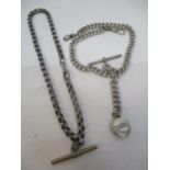 Two T-bar silver pocket watch chains to include one having an attached compass, fob, total weight