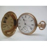 An early 20th century Waltham 9ct full hunter, keyless wound pocket watch. The white enamel dial