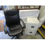 Office furniture to include a swivel chair, two drawer metal filing cabinet, and a white painted