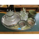 A selection of silver plated items to include two galleried trays, a pair of wine coasters, a