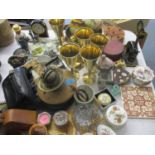 A quantity of trinkets, ornaments, treen items, a Victorian stamp machine and mixed metalware