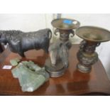 A pair of Chinese bronze vases A/F, an Oriental Jade figure A/F, a pottery model of a bull and a