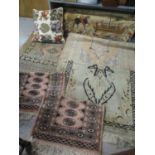 Five mixed Middle Eastern rugs, together with a Laura Ashley cushion and a tapestry wall hanging