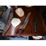 A mixed lot to include a copper coal bucket, an Asian Kukri with a coloured paste set leather