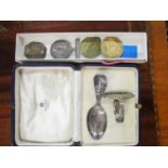 A cased silver christening set, together with two WWI medals, a dog tag and a medallion