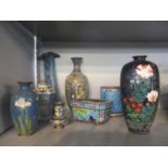 Cloisonne and enamelled decorative items to include vases and a sword handle A/F (damage to