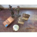 A Rhodesian copper cigarette box, an onyx ashtray, a pair of spelter figures and two copper book