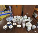 A selection of cut table glass and ceramic coffee sets to include Dresden cups and saucers, a blue