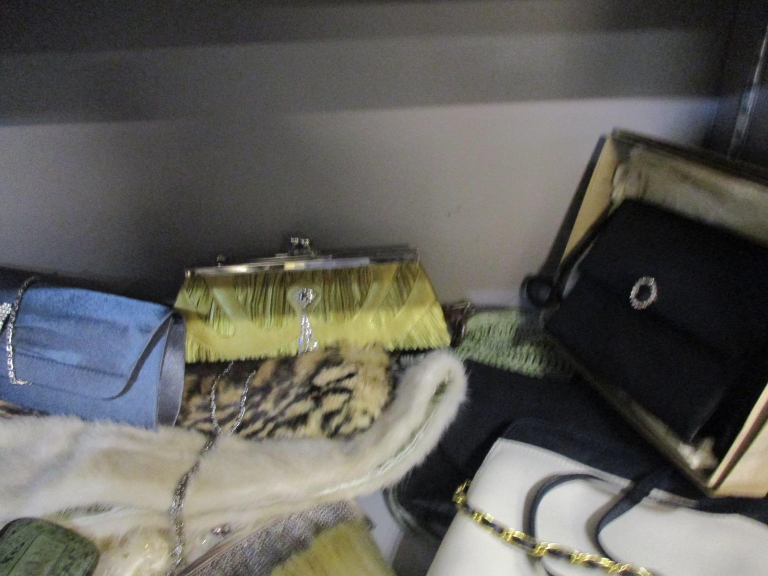 A white metal chain evening bag, mixed vintage bags and vanity items, ladies gloves, fur collars and - Image 4 of 4