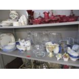 Mixed glassware to include a Royal Doulton decanter, together with a pair of Burleigh blue and white