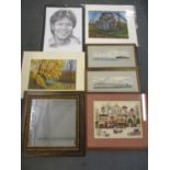 Two framed and glazed watercolours signed Hugh Ennion, a mirror, a tapestry, two unframed pictures