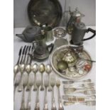 Mixed metalware to include silver plate, pewter and a white metal topped dressing table pot
