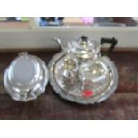 A silver plated Mappin & Webb teaset, a tray and an entree dish and cover