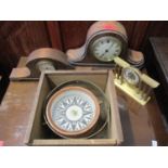 A vintage compass in treen box and a selection of mantle clocks